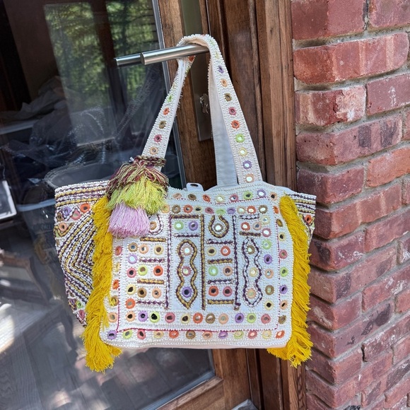 Antik Batik Bohemian Yellow and Cream Beaded Embellished Tote Bag - Picture 2 of 16